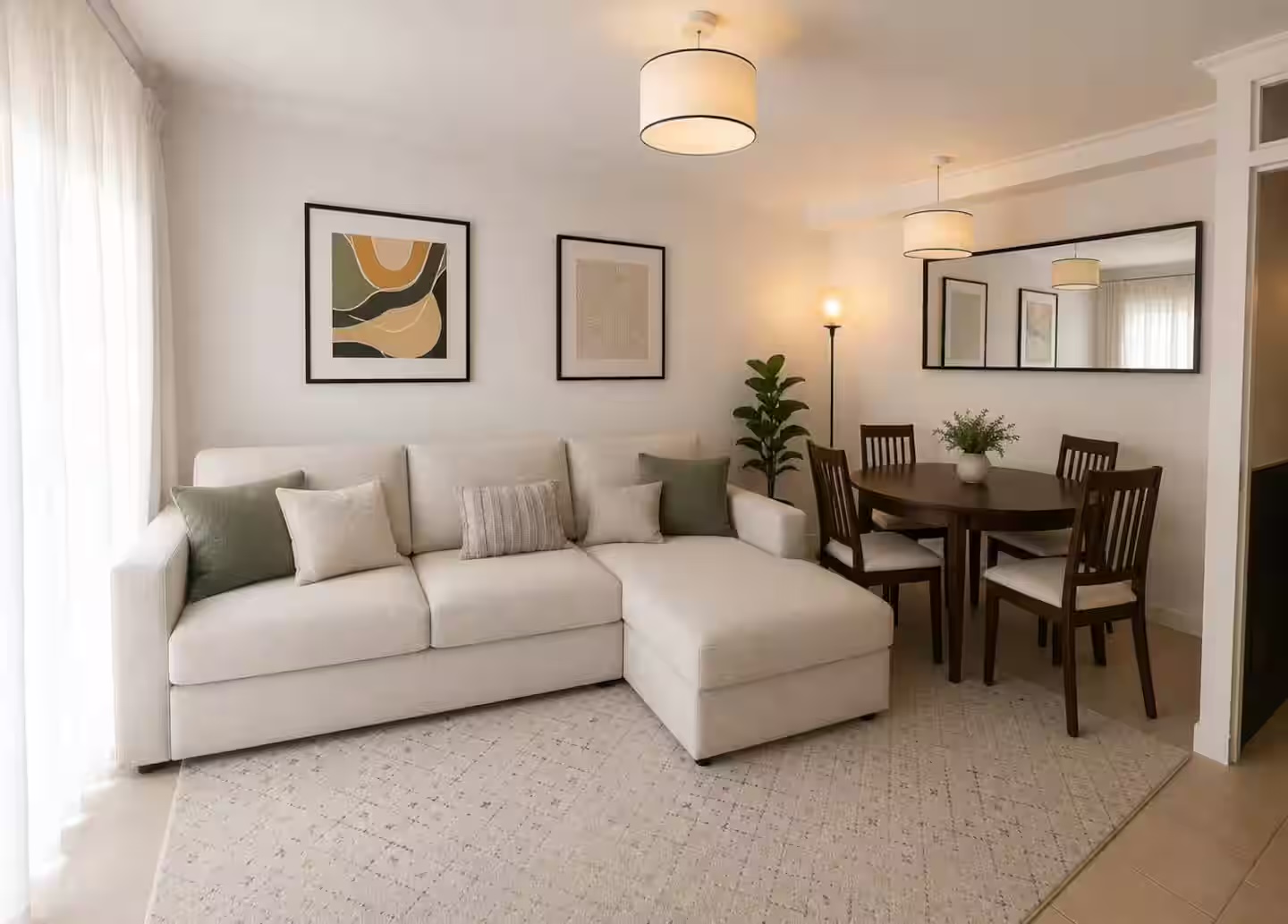 Sunlit living room in a UK Airbnb co-hosted by Michelle Norton, with sofa and dried grasses